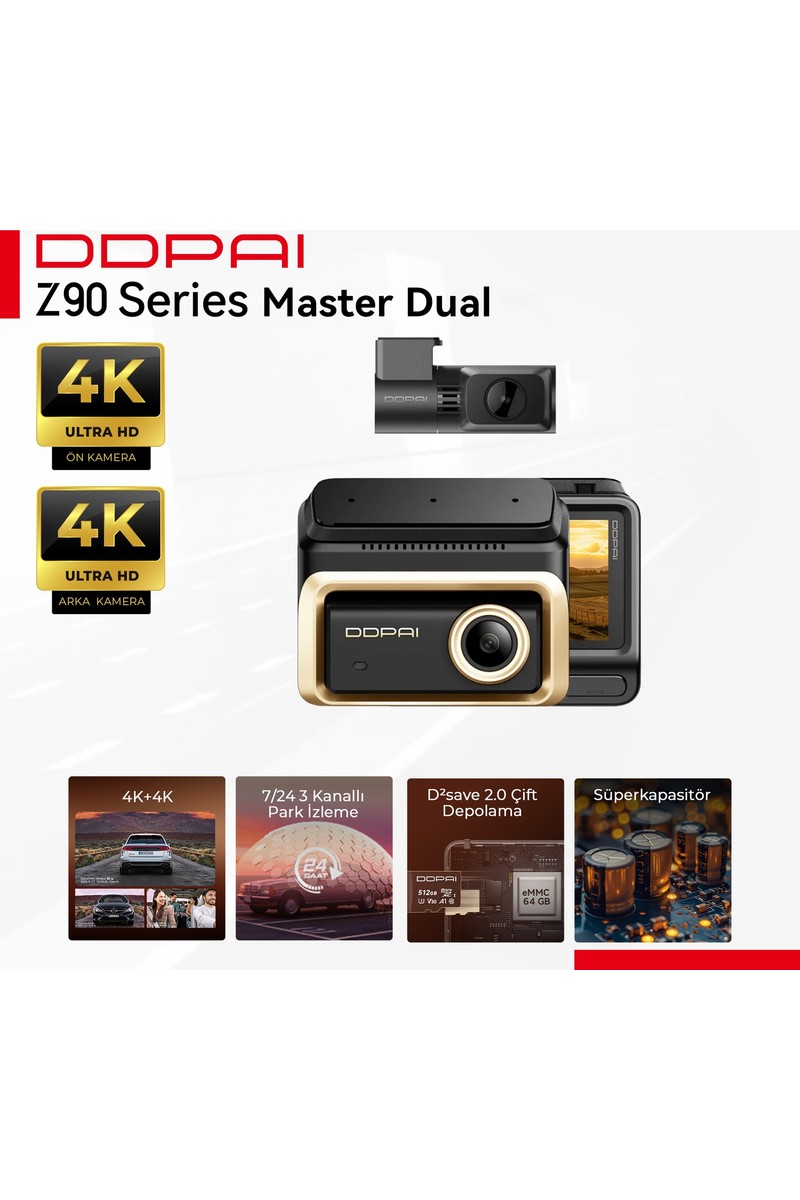 Ddpai Z90 Master Dual Araç Kamerası - 4K Ultra HD Ön Arka Set - Sony Sensör Gece Görüşü - 64GB Dahili eMMC Hafıza - GPS