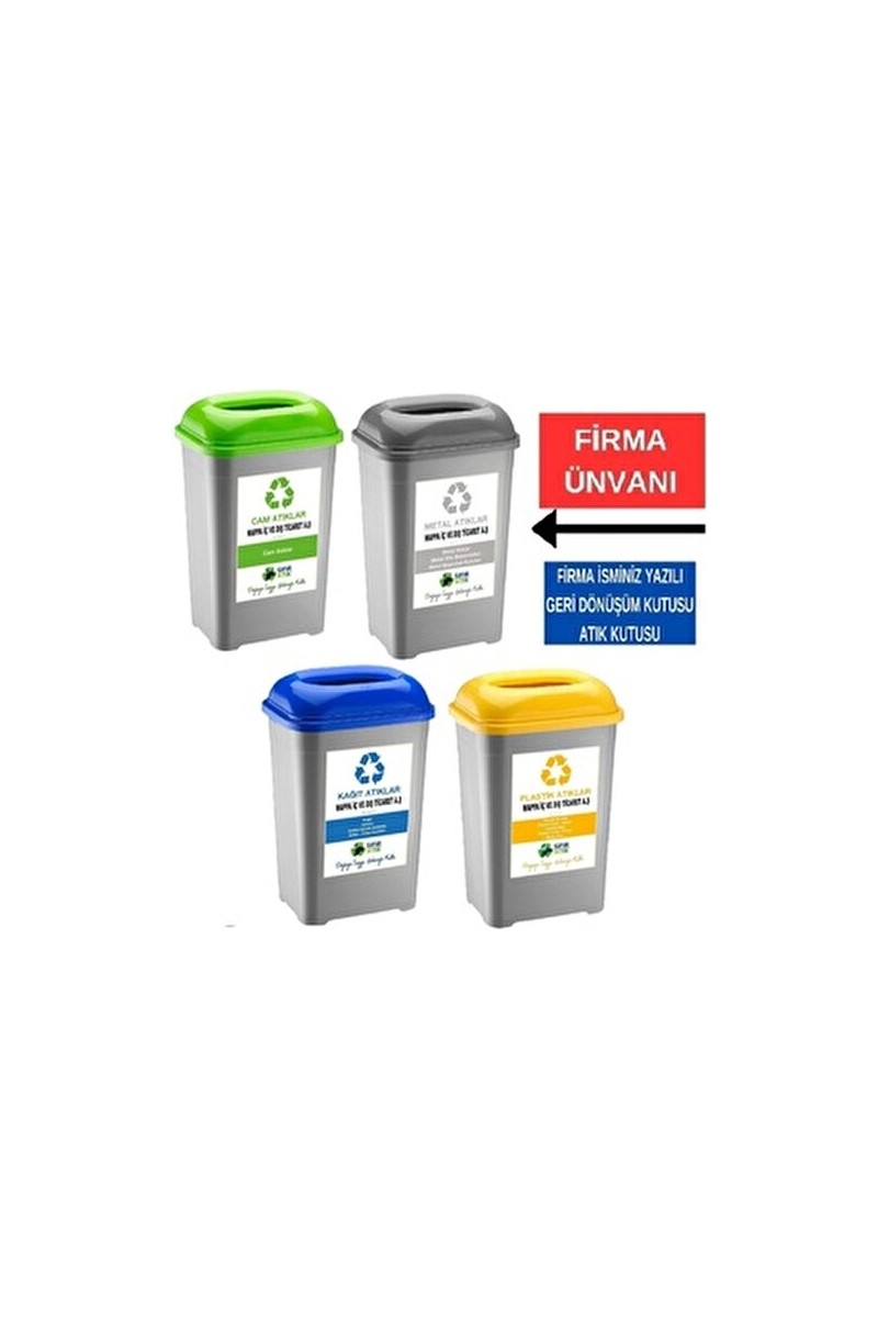 Deembro Firma Ismi Yazılı Sıfır Atık Kutusu 50 lt 4 Adet Geri Dönüşüm Kutusu Kağıt Plastik Cam Metal 33 43 60 cm