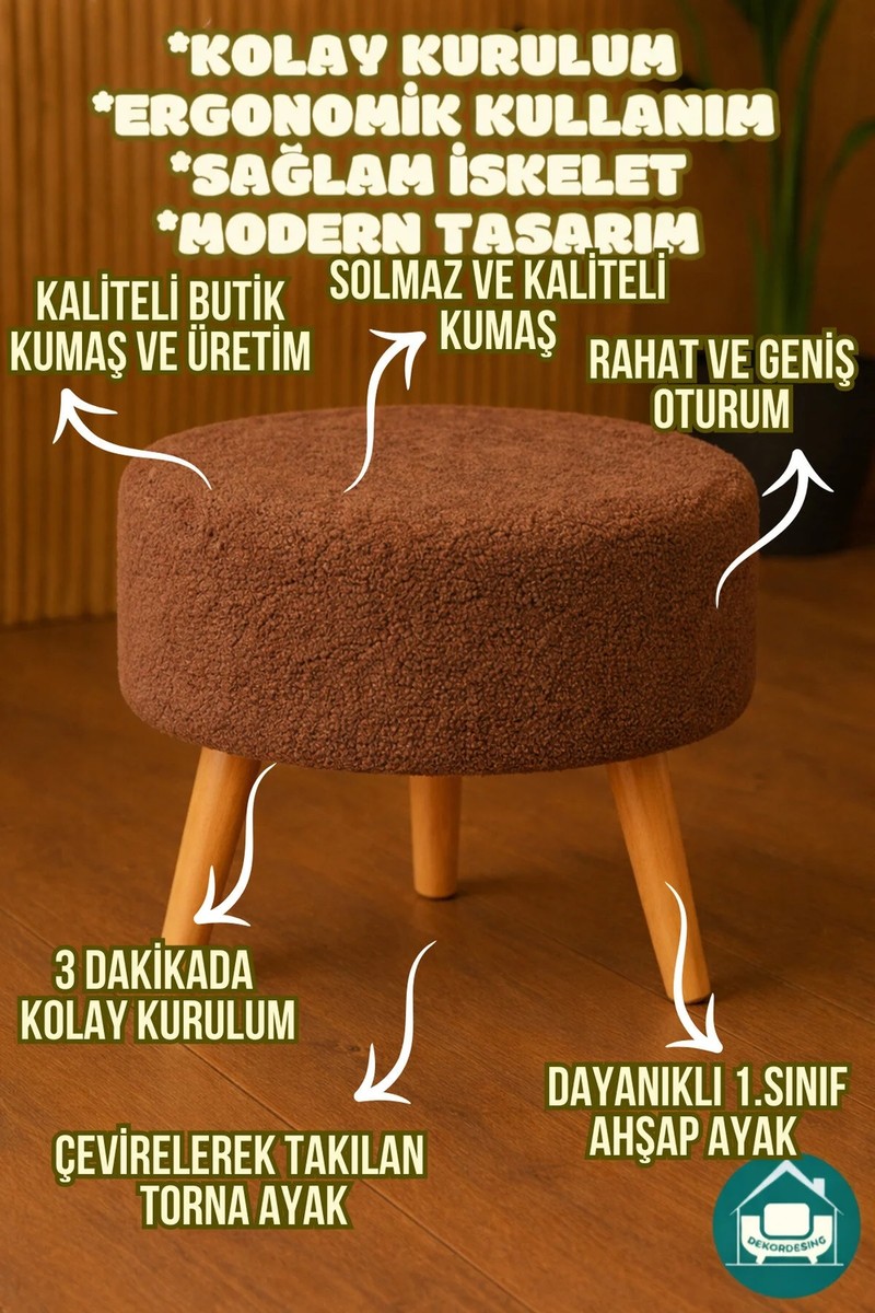 Dekor Mobilyacım Dekor Mobilyacım Yuvarlak Balkon Mutfak Salon Ayak Uzatma Pufu Gürgen Ayaklı Özel Tasarım — 4. ürün görseli
