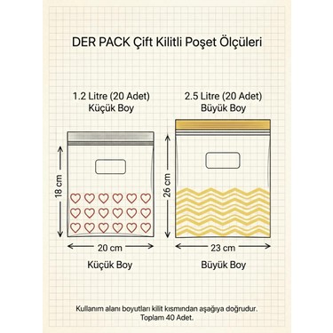 Der Pack Der Pack Çift Kilitli Buzdolabı Poşeti 40'lı ( 20x1.2 lt ve 20x2.5 — 6. ürün görseli