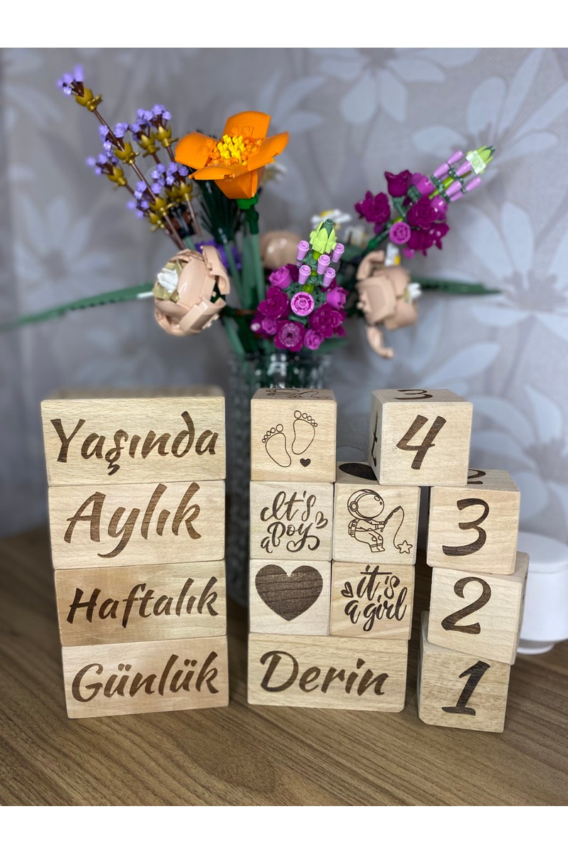 Derin Case Isimli Bebek Anne Anı Küpü Dekor 5'li Set Isimli Ahşap Bebek Anı Küpleri Lazer ile Yazım