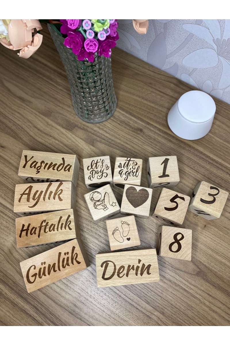 Derin Derin Case Isimli Bebek Anne Anı Küpü Dekor 5'li Set Isimli Ahşap Bebek Anı Küpleri Lazer ile Yazım — 3. ürün görseli