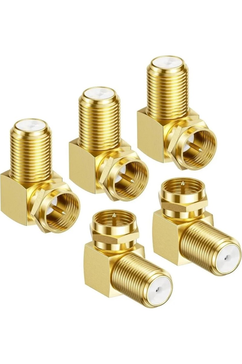 Derwell 5 Adet Gold L Tipi Konnektör Fiş Çevirmeli 90 Derece Adaptör Uydu Anten Cihaz Girişi Metal Vidalı Konnektör Koaksiyel Tv Uydu Kablosu