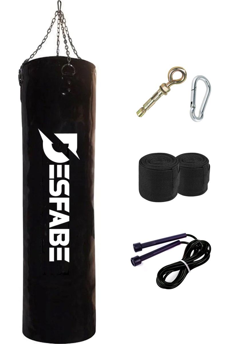 Desfabe Boxing Star 120X32 cm Siyah Zincirli Boks Kum Torbası + Askı Aparatı + El Bandajı + Atlama İpi