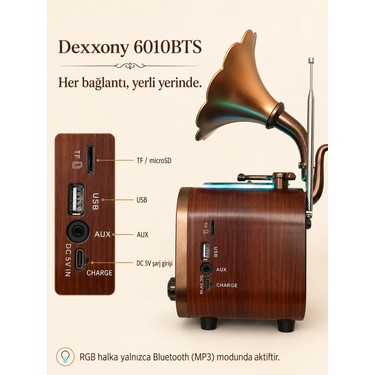 Dexxony Dexxony Elite 6010BTS Güneş Panelli Bluetooth Nostaljik Gramofon Radyo - Ev Hediyesi Dekoratif — 4. ürün görseli