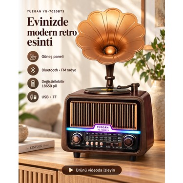 Dexxony Dexxony YG-7020 Büyük Boy Retro Gramofon Bluetooth Radyo USB/TF Kart Girişli Güneş Panelli (Videolu fiyatı ve görseli