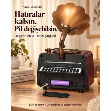 Dexxony Dexxony YG-7020 Büyük Boy Retro Gramofon Bluetooth Radyo USB/TF Kart Girişli Güneş Panelli (Videolu — 3. ürün görseli