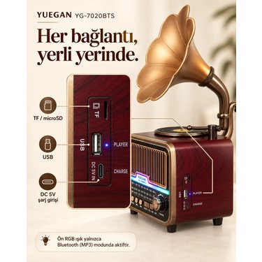 Dexxony Dexxony YG-7020 Büyük Boy Retro Gramofon Bluetooth Radyo USB/TF Kart Girişli Güneş Panelli (Videolu — 5. ürün görseli