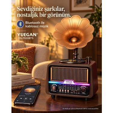Dexxony Dexxony YG-7020 Büyük Boy Retro Gramofon Bluetooth Radyo USB/TF Kart Girişli Güneş Panelli (Videolu — 6. ürün görseli
