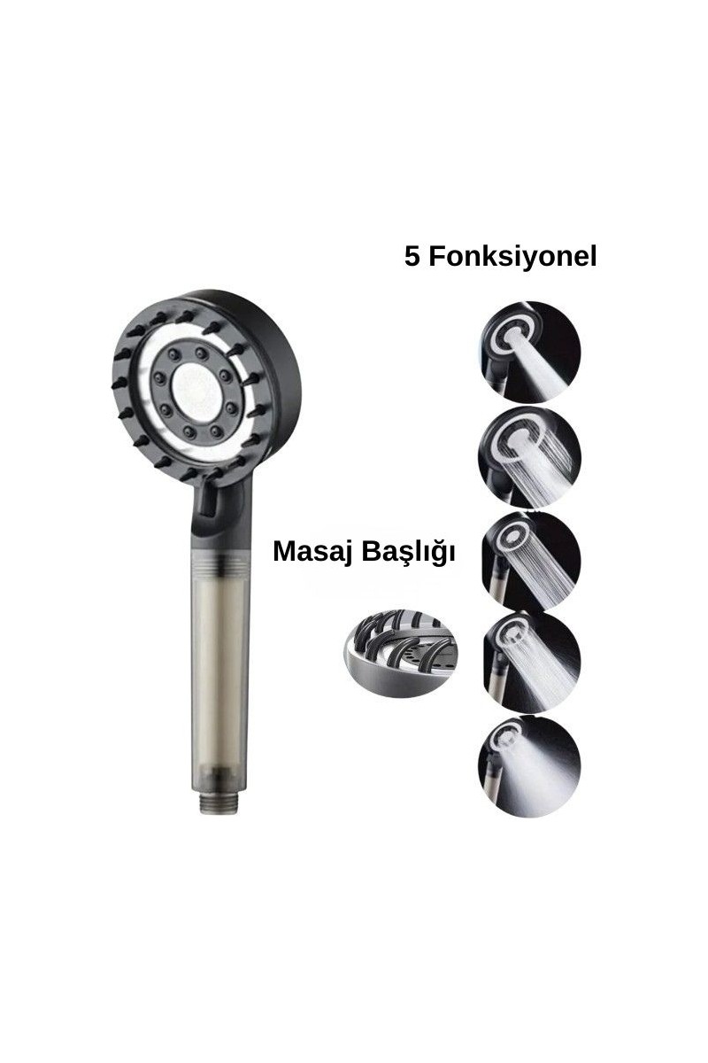 deyhome Deyhome 3'lü Set 5 Kademeli Filtreli Masajlı Siyah Duş Başlığı + 150 cm Duş Hortumu + Askı — 6. ürün görseli