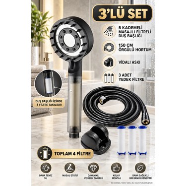 deyhome Deyhome 4'lü 5 Kademeli Filtreli Masajlı Siyah Duş Başlığı +3 Adet Yedek Filtre+ 150 cm Duş Hortumu fiyatı ve görseli