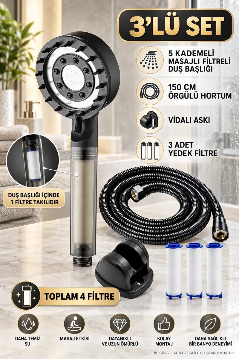 deyhome Deyhome 4'lü 5 Kademeli Filtreli Masajlı Siyah Duş Başlığı +3 Adet Yedek Filtre+ 150 cm Duş Hortumu — 6. ürün görseli