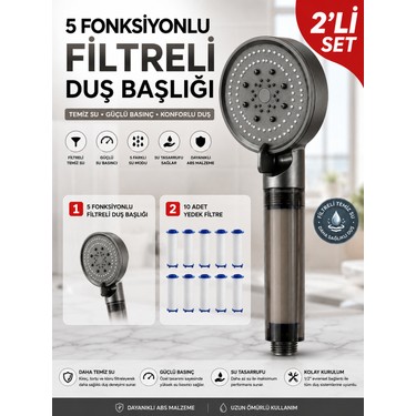 deyhome Deyhome 5 Fonksiyonlu Filtreli Duş Başlığı 2’li Avantaj Set – Mat Antrasit Gri Duş Başlığı + 10 fiyatı ve görseli