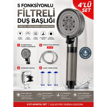 deyhome Deyhome 5 Fonksiyonlu Filtreli Duş Başlığı 4’lü Set – 150 cm Örgülü Duş Hortumu, Yapışkanlı Mafsal fiyatı ve görseli