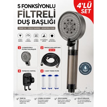 deyhome Deyhome 5 Fonksiyonlu Filtreli Duş Başlığı 4’lü Siyah Set – 150 cm Örgülü Duş Hortumu, Yapışkanlı fiyatı ve görseli