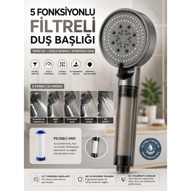deyhome Deyhome 5 Fonksiyonlu Filtreli Duş Başlığı Mat Antrasit Gri – 1 Adet Filtre fiyatı ve görseli