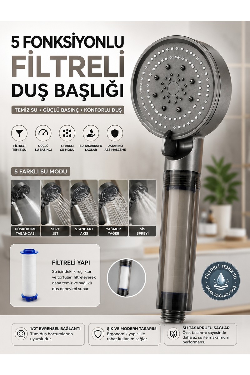 deyhome Deyhome 5 Fonksiyonlu Filtreli Duş Başlığı Mat Antrasit Gri – 1 Adet Filtre — 6. ürün görseli