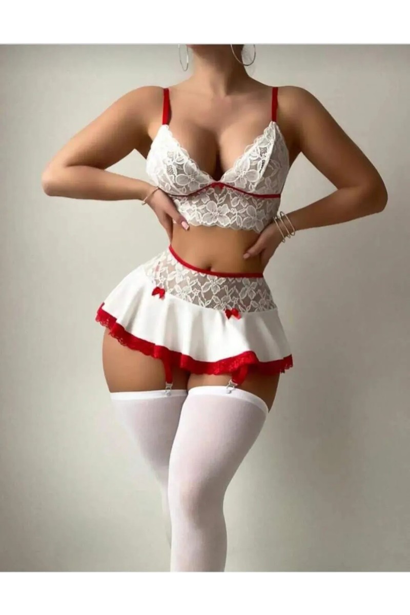 Efil Efil Efil Kadın Beyaz Kırmızı Fantazi Gecelik Fantezi Jartiyer Takımı 5 Parça Çoraplı Tangalı Seksi Çeyizlik Kadın Iç Çamaşırı Takımı — 2. ürün görseli