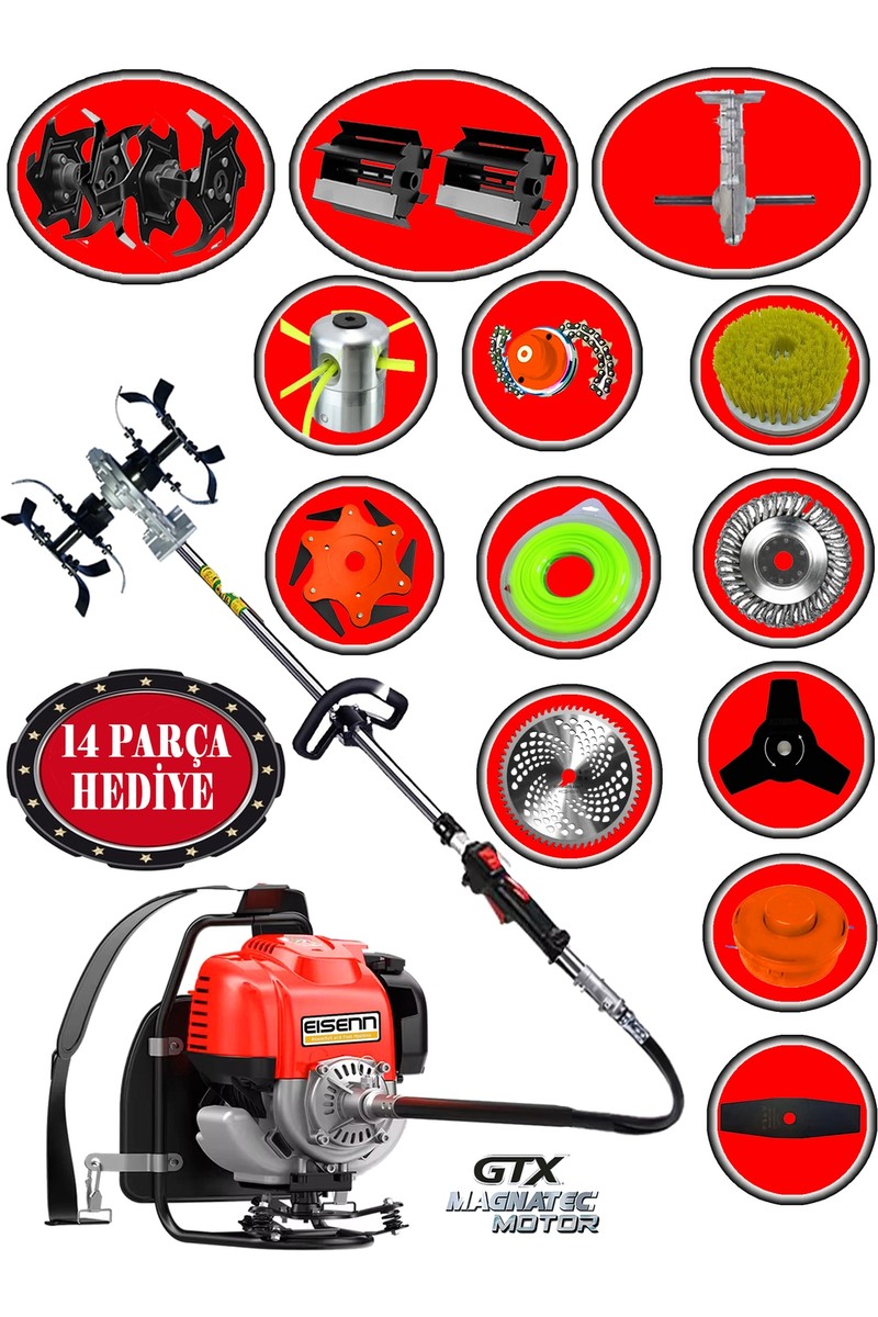 Eisenn Alman BR520-14 x Pro Sırt Tırpan+ Akrobat Çapalama + Toprak Eşeleme 14 Parça Full Set