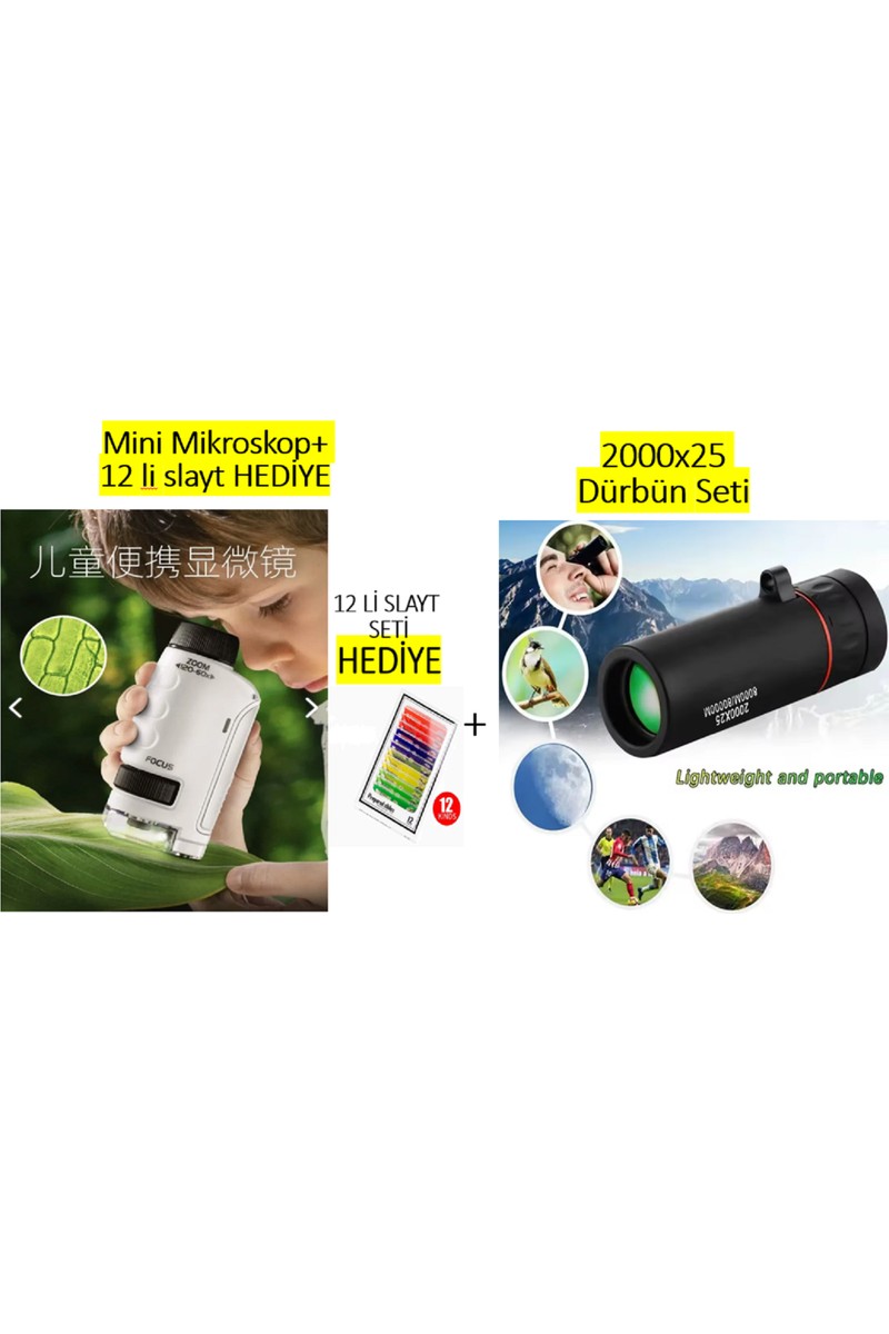 Elvinsa Çocuklar Için Eğitici 2 Li Set -Işıklı Mini Cep Boy Zoomlu El Mikroskop Seti + 2000X25 Mini El Dürbünü (Başlangıç Seti)