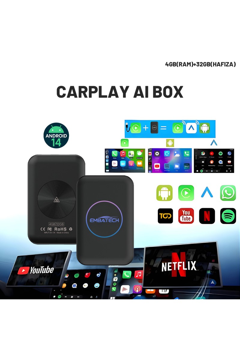 Embatech Carplay Ai Box 4GB+32GB Youtube,netflix,google Play & Kablosuz Carplay&android Auto- Android 14