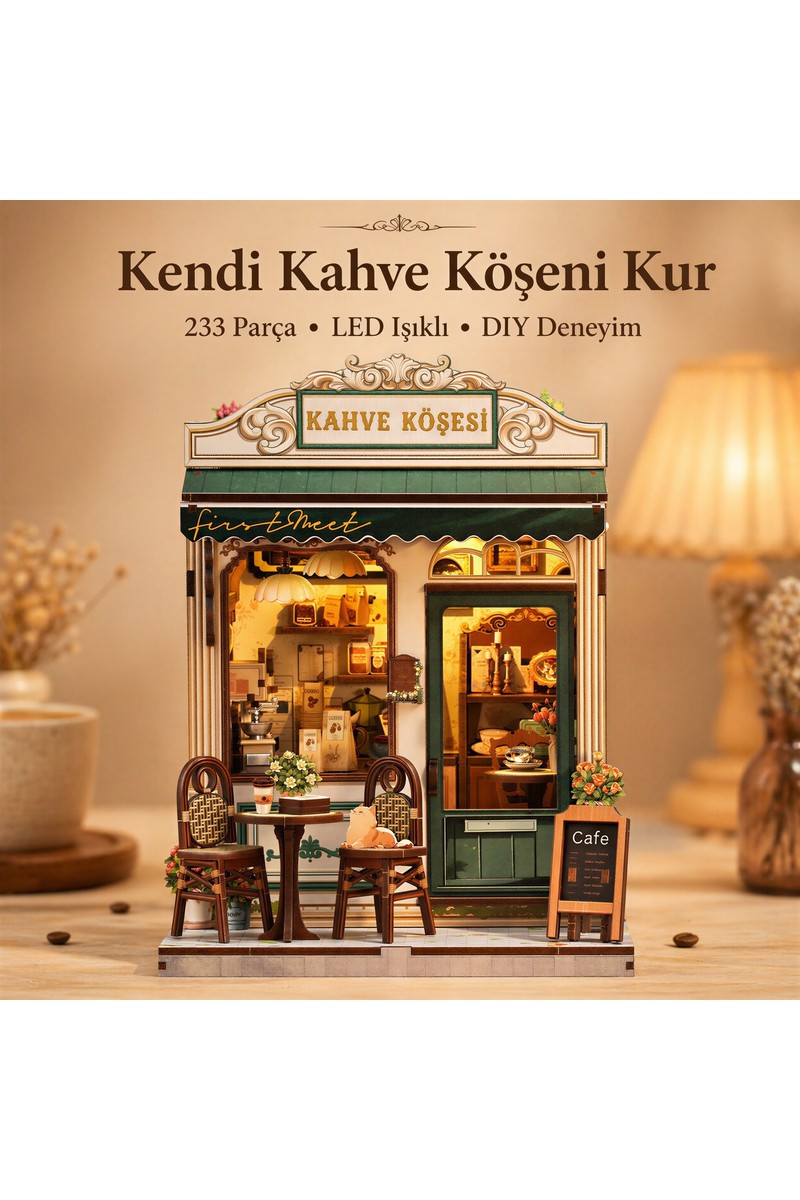 Emirgan Kahve Köşesi Nook Book Mini Book Nook Dıy Kit – Kendin Yap LED Işıklı Ahşap Minyatür Kitap Köşesi