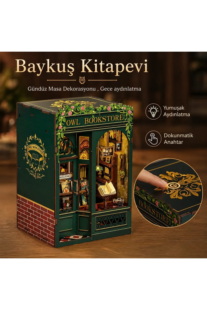 Emirgan Owl Bookstore Book Nook DIY Kit – Ahşap Minyatür Kitaplık Dekoru, LED Işıklı Kendin Yap Hobi Seti