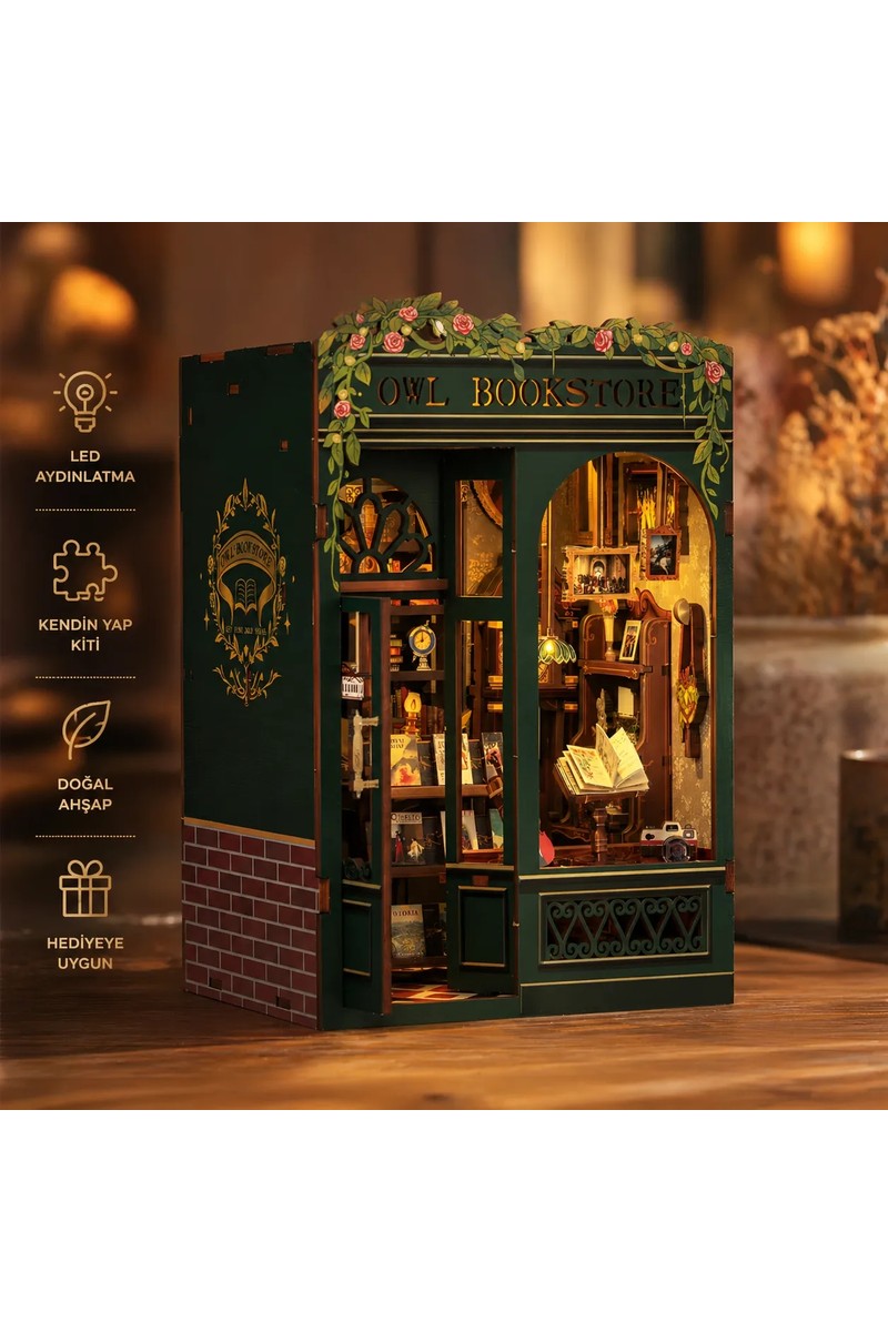 Emirgan Emirgan Owl Bookstore Book Nook DIY Kit – Ahşap Minyatür Kitaplık Dekoru, LED Işıklı Kendin Yap Hobi Seti — 3. ürün görseli