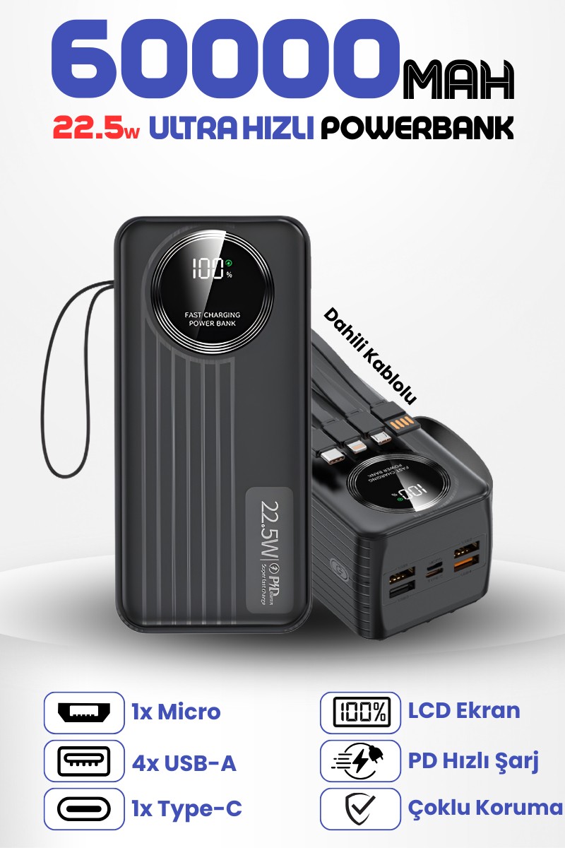 Enshall 60.000 Mah 22.5W Hızlı Şarj Destekli Dahili Kablolu Taşınabilir Batarya Powerbank