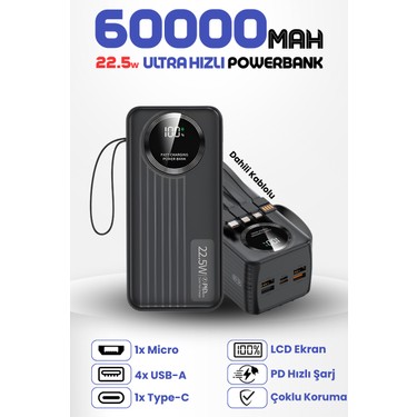 Enshall Enshall 60.000 Mah 22.5W Hızlı Şarj Destekli Dahili Kablolu Taşınabilir Batarya fiyatı ve görseli