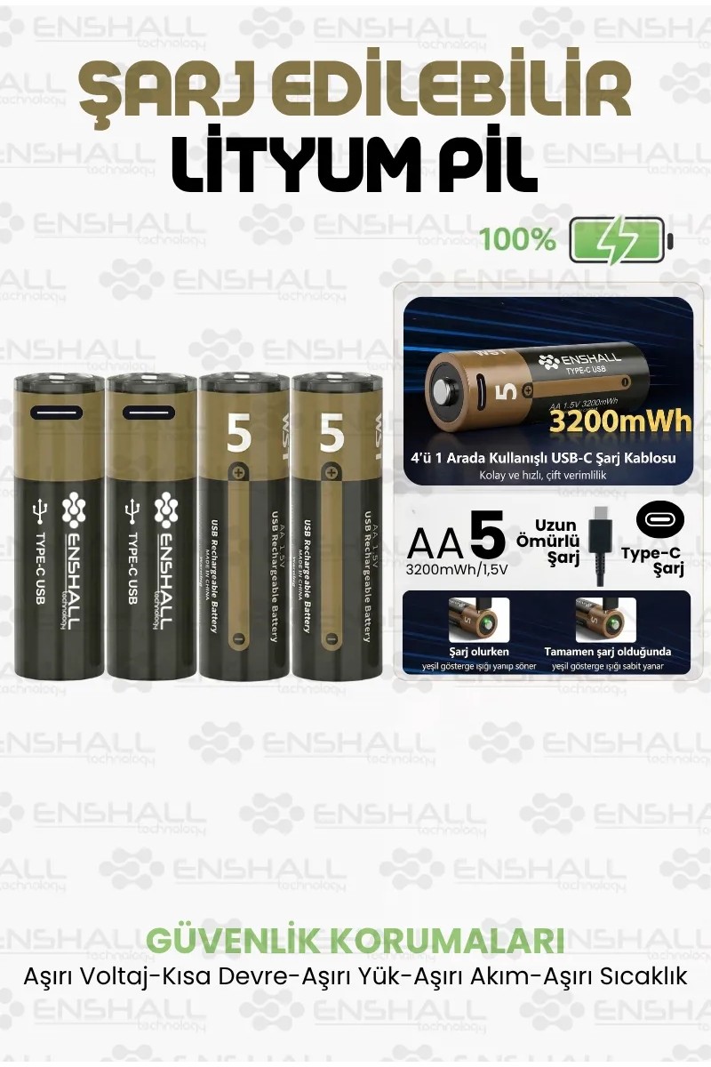 Enshall Aa Type-C Şarj Edilebilir Kalın Pil 1.5V 3200MWH Kapasiteli Lityum-Ion Saat Pili