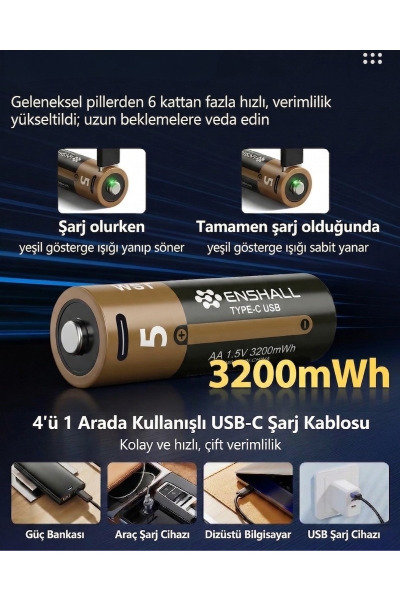 Enshall Enshall Aa Type-C Şarj Edilebilir Kalın Pil 1.5V 3200MWH Kapasiteli Lityum-Ion Saat Pili — 2. ürün görseli