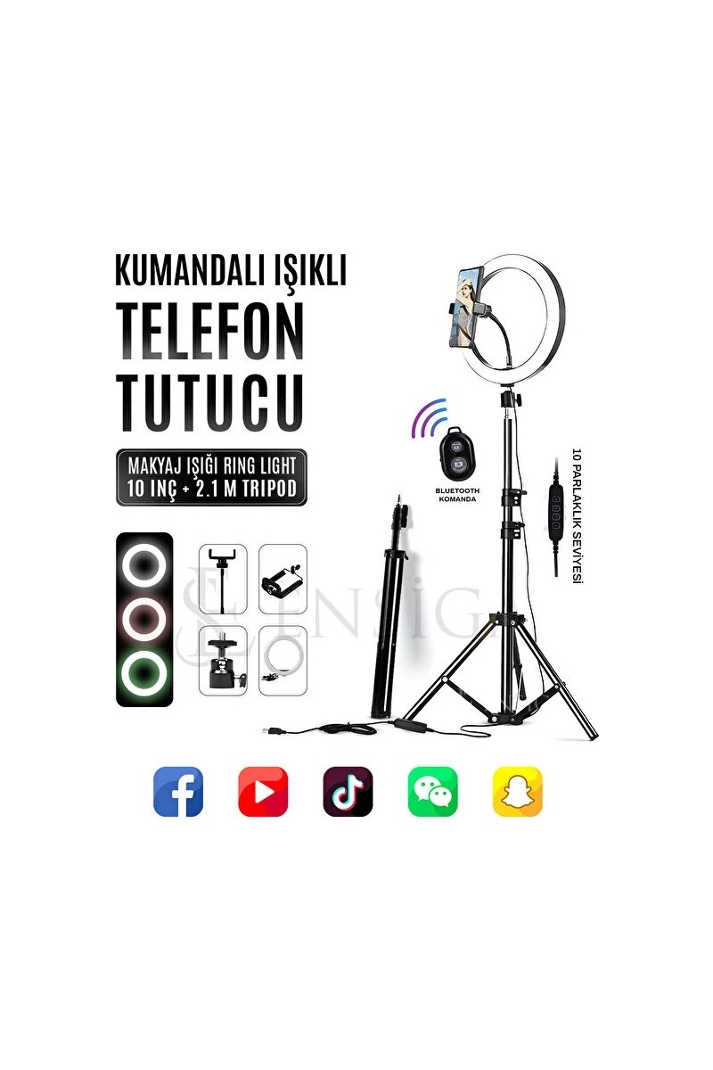 Ensiga 10 Inç Ring Light ve 2.1 M Tripod ile Kumandalı Işıklı Telefon Tutucu Profesyonel Kullanım İçin
