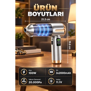 Ensiga Ensiga 20.000 PA Üflemeli Güçlü Vakumlu Şarjlı Kablosuz Araç Içi Süpürge | Fırçasız — 3. ürün görseli