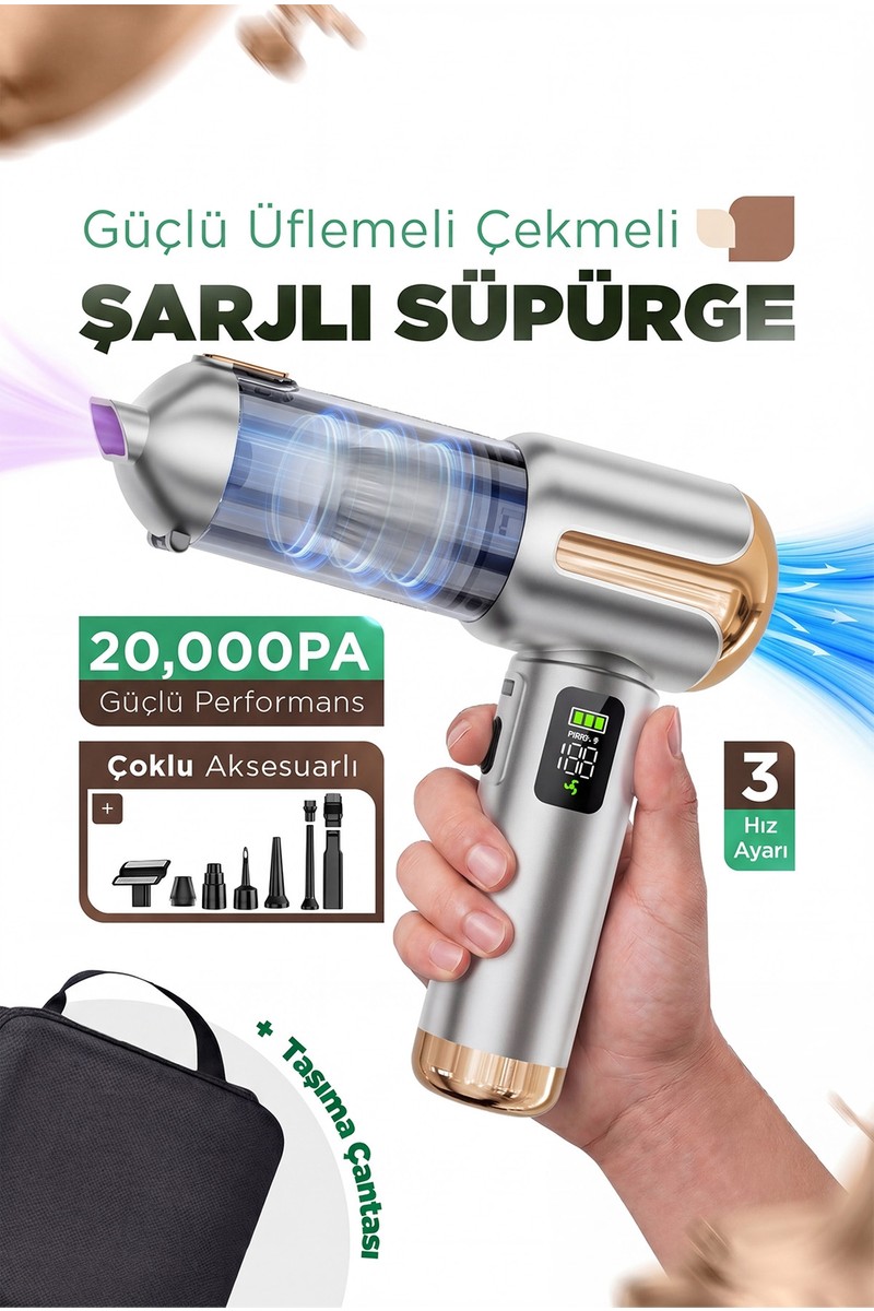 Ensiga Çantalı LCD Ekran Göstergeli 20.000PA Kablosuz Dikey Süpürge Güçlü Üfleme Çekme Şarjlı Süpürge