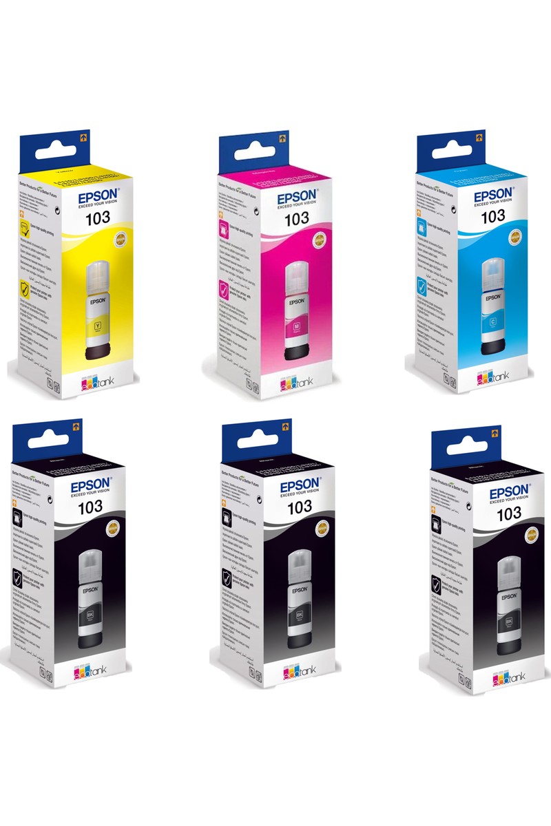 Epson 103 Ecotank L3160 Uyumlu Dört Renk +2 Siyah Mürekkep Takımı