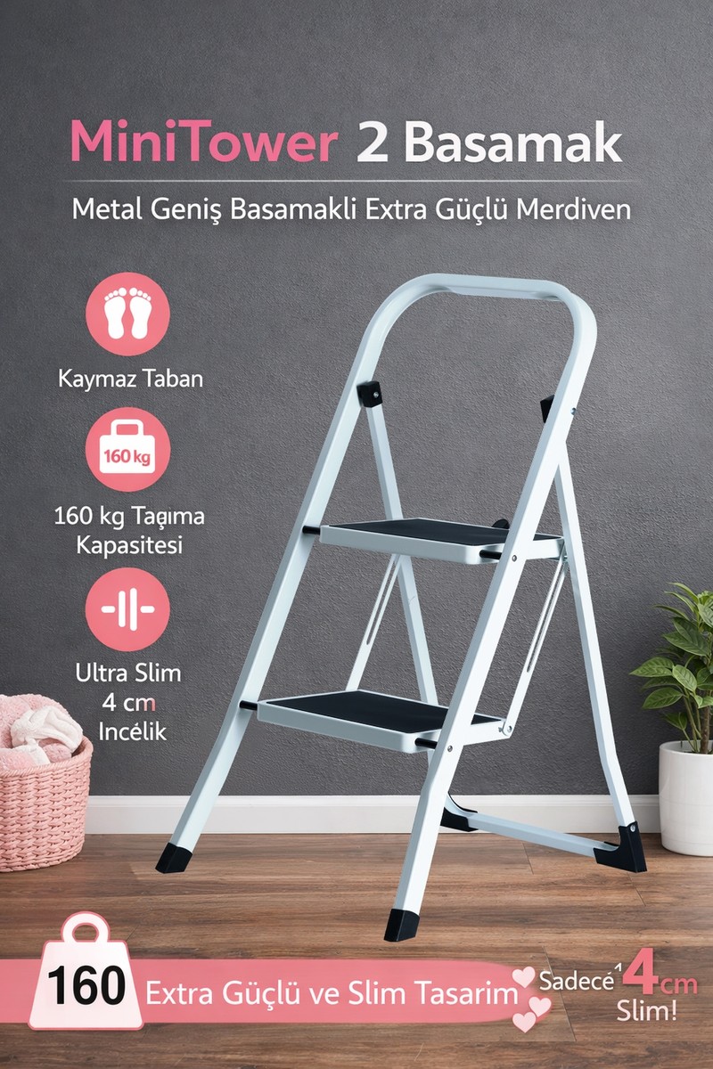 Ertekpa Ertekpa Minitower 2 Basamaklı Metal Merdiven - Ekstra Güçlü 160 kg Kapasiteli Beyaz fiyatı ve görseli