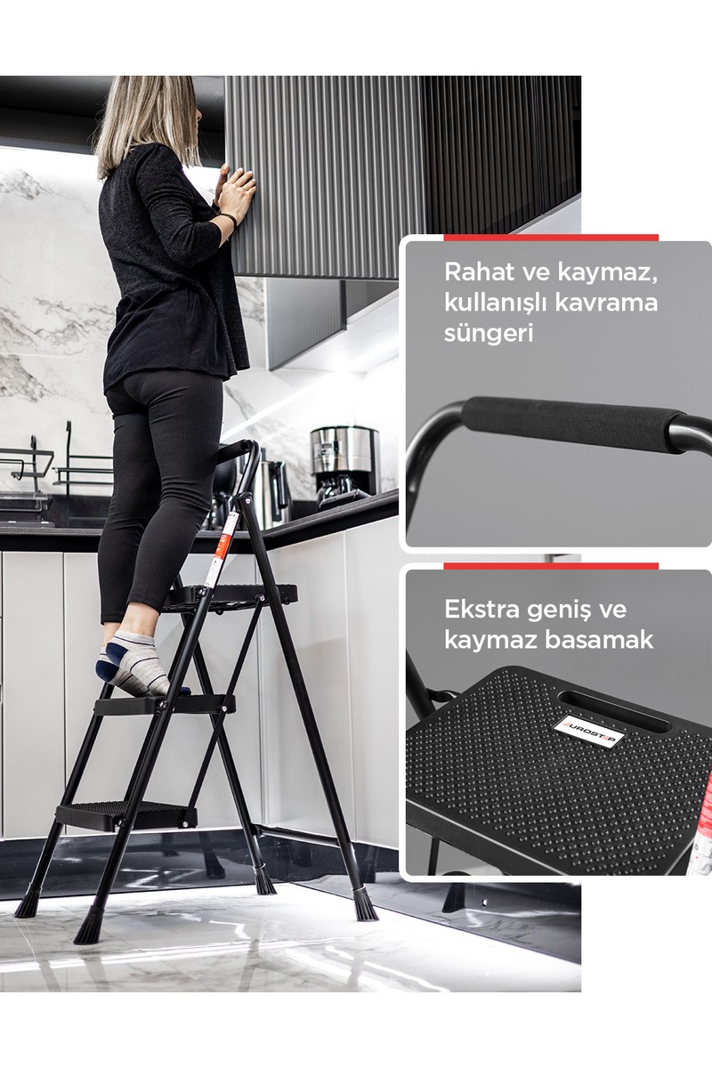 Eurostep Eurostep 3 Basamak Siyah Merdiven Geniş Basamaklı Eurotower Yeni Nesil Merdiven Slim — 3. ürün görseli