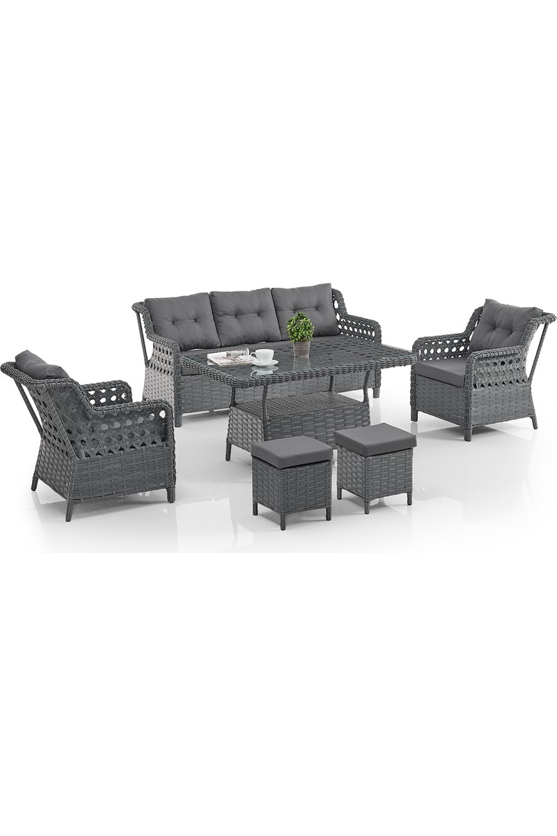 EVDEMO Deniz Rattan Puflu Bahçe Balkon Takımı 3+1+1 Antrasit
