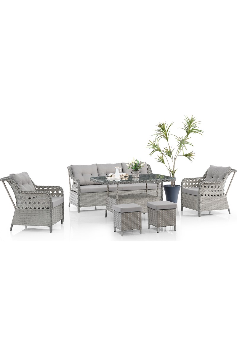 EVDEMO Deniz Rattan Puflu Bahçe Balkon Takımı 3+1+1 Gri