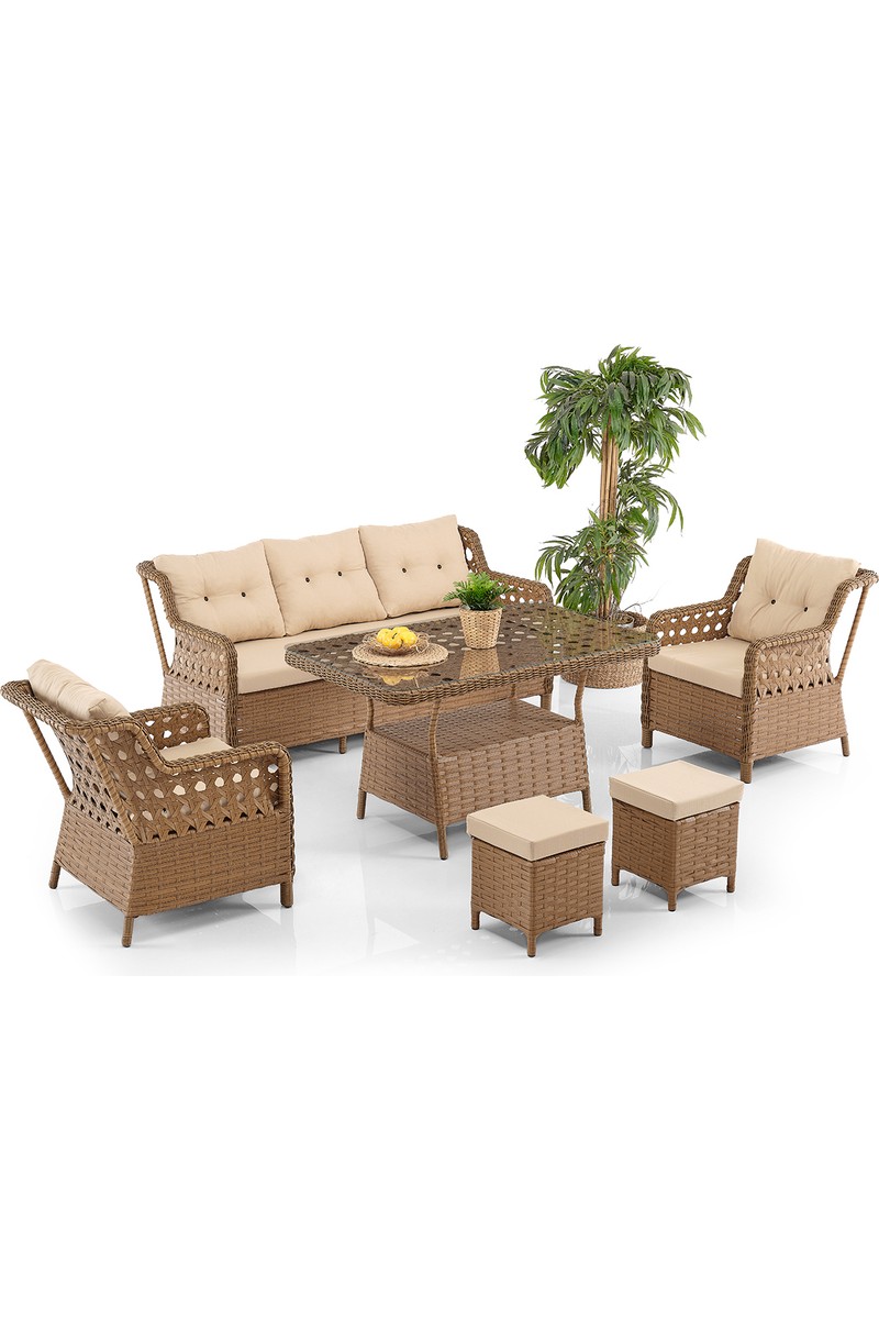 EVDEMO Deniz Rattan Puflu Bahçe Balkon Takımı 3+1+1 Kahve