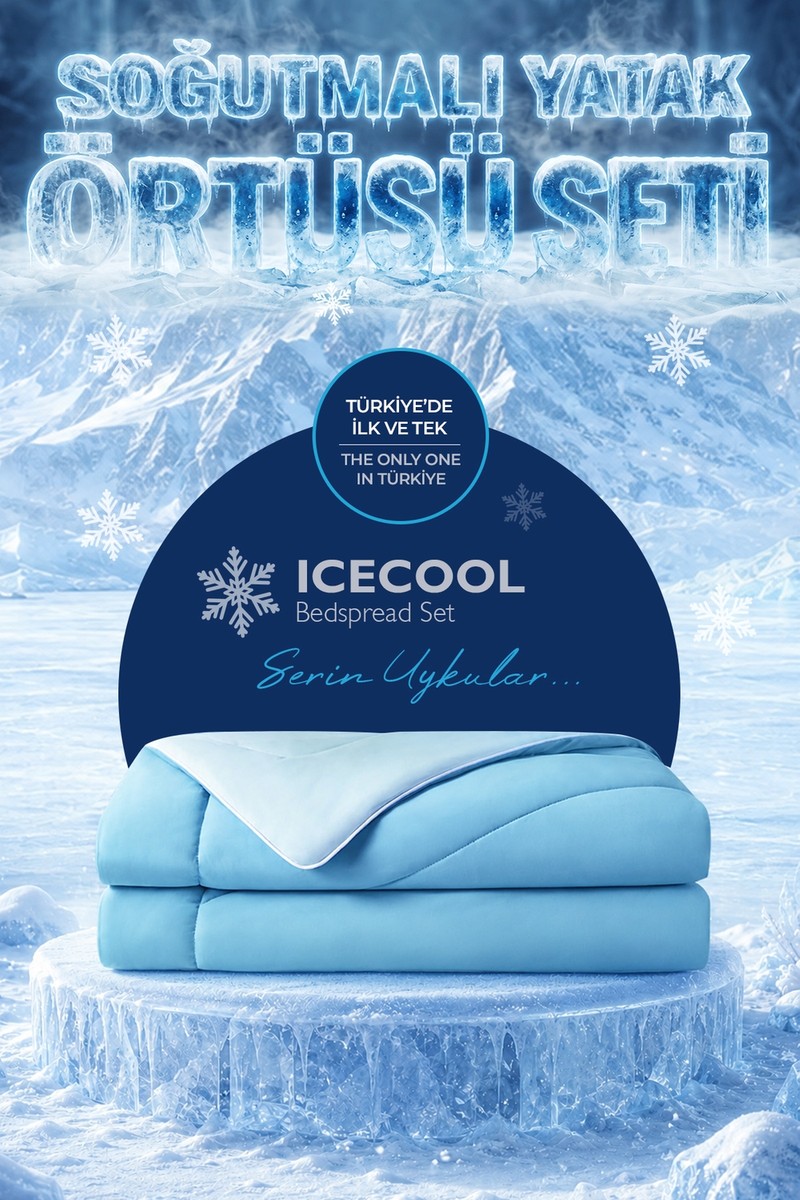 Evien Home Soğutmalı Yatak Örtüsü Seti Çift Kişilik Serinletici Soğuk Icecool 3 Parça Çift Taraflı Turkuaz Mavi