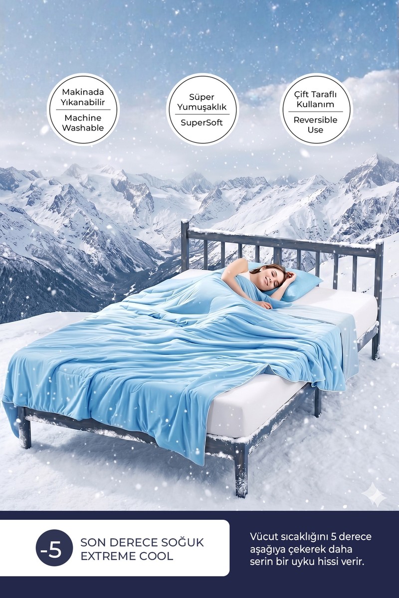 Evien Evien Home Soğutmalı Yatak Örtüsü Seti Çift Kişilik Serinletici Soğuk Icecool 3 Parça Çift Taraflı Turkuaz Mavi — 2. ürün görseli