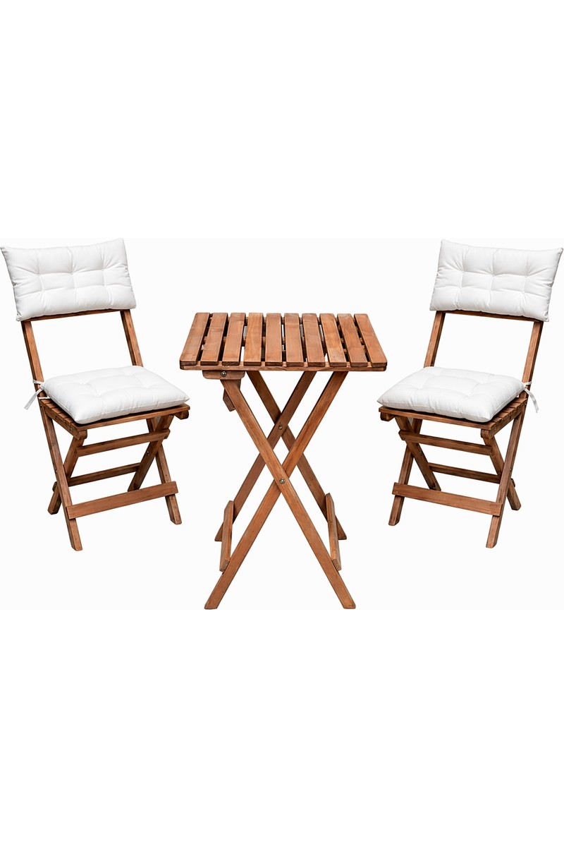 Evvon Ahşap Katlanır Bistro Set 2'li Minderli Balkon Bahçe Mobilyası Doğal Gürgen Ağacı ile Konfor