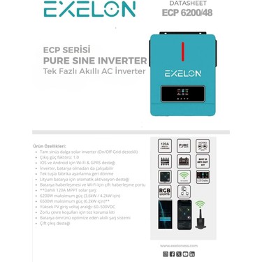 Exelon Exelon 48 V Volt 6200 W Watt 6.2 Kw Mppt Tam Sinus Akıllı Inverter 220 Volt Çevirici — 5. ürün görseli