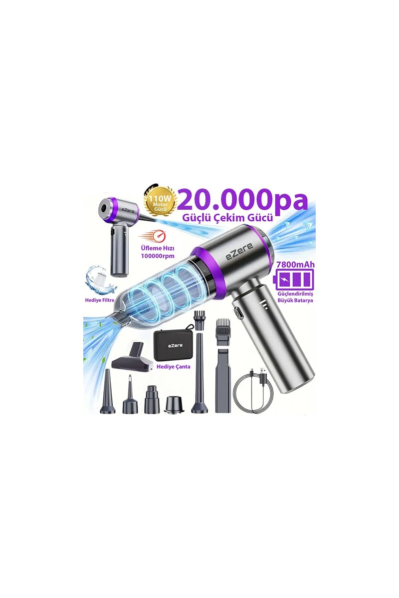 Ezere 20000PA Güçlü Portatif Kablosuz Araç Süpürgesi 110W Ergonomik Tasarım ile Taşınabilir Temizlik