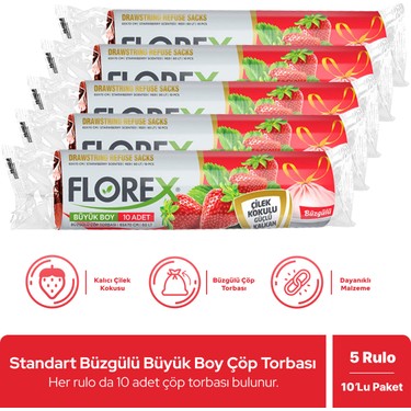 Florex Florex Büzgülü Çilek Kokulu Büyük Boy Çöp Poşeti x 5 fiyatı ve görseli