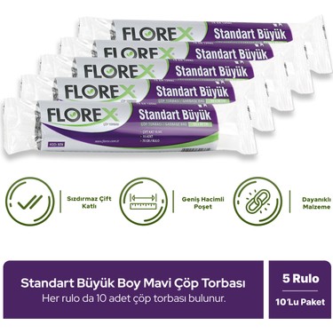 Florex Florex Standart Büyük Boy Mavi Çöp Poşeti 65 x 80 cm x 5 Rulo Kokusu Yok Dayanıklı fiyatı ve görseli