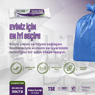 Florex Florex Standart Büyük Boy Mavi Çöp Poşeti 65 x 80 cm x 5 Rulo Kokusu Yok Dayanıklı — 2. ürün görseli