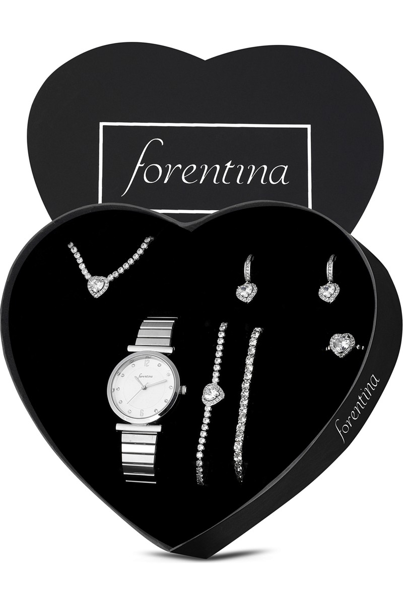 Forentina Forentina Gümüş Kaplama Beyaz Taşlı Kalp Kolye Küpe Bileklik Yüzük Saat Hediye Set — 6. ürün görseli